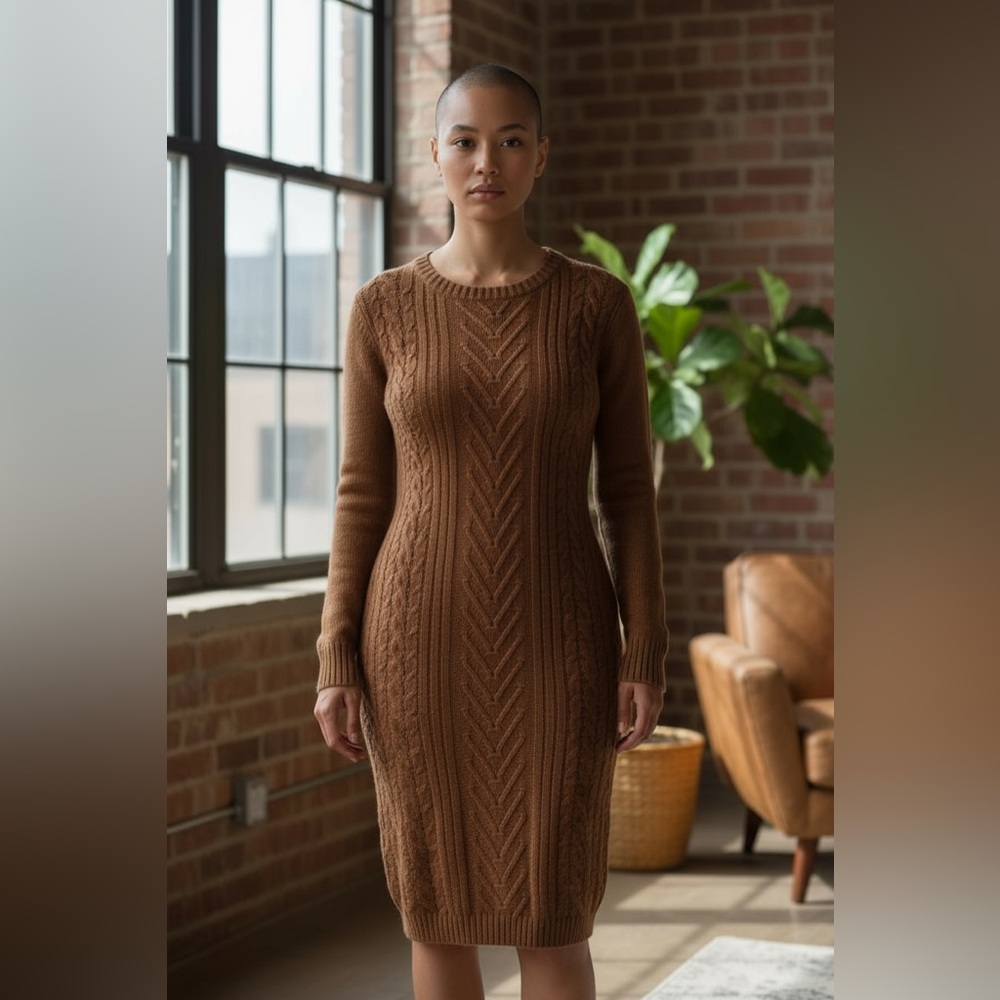 Elegant Brown Cable Knit Dress